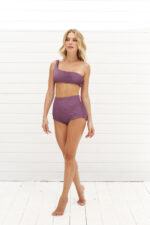 summer fashion style beachwear swimwear lila bikini brazilian bottom top bandeau aesthetic asymmetrical high waist bikini luxury sustainable production natural vegan beach holidays vacation mykonos ibiza cote d'azur italy dubai