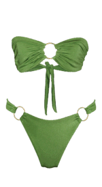 summer fashion style beachwear swimwear green tropical botanic shiny shimmery bikini brazilian cheecky bottom top bandeau long legs luxury sustainable production natural vegan beach holidays vacation mykonos ibiza cote d'azur italy dubai