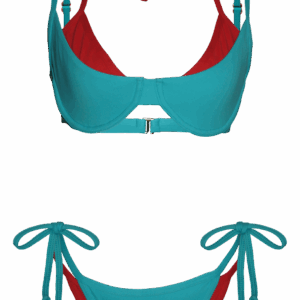 summer fashion style beachwear swimwear blue red bikini brazilian cheecky bottom top multi-layered colorful colors luxury sustainable production natural vegan beach holidays vacation mykonos ibiza cote d'azur italy dubai