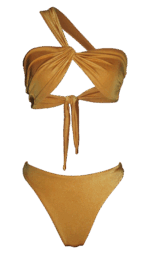 summer fashion style beachwear swimwear golden bikini brazilian cheecky bottom top bandeau aesthetic asymmetrical long legs luxury sustainable production natural vegan beach holidays vacation mykonos ibiza cote d'azur italy dubai