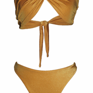 summer fashion style beachwear swimwear golden bikini brazilian cheecky bottom top bandeau aesthetic asymmetrical long legs luxury sustainable production natural vegan beach holidays vacation mykonos ibiza cote d'azur italy dubai