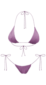 summer fashion style beachwear swimwear lila purple bikini brazilian cheecky bottom top triangle string adjustable long legs luxury sustainable production natural vegan beach holidays vacation mykonos ibiza cote d'azur italy dubai