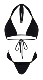 summer fashion beachwear swimwear style black golden bikini brazilian cheecky bottom top neckholder multiple ways to wear luxury sustainable natural vegan beach sea holidays vacation mykonos ibiza cote d'azur italy dubai