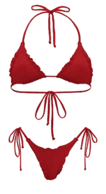 summer fashion style beachwear swimwear red romance ruffle bikini brazilian cheecky bottom top triangle string adjustable long legs luxury sustainable production natural vegan beach holidays vacation mykonos ibiza cote d'azur italy dubai