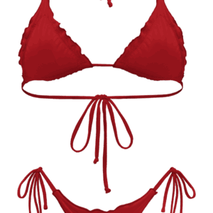 summer fashion style beachwear swimwear red romance ruffle bikini brazilian cheecky bottom top triangle string adjustable long legs luxury sustainable production natural vegan beach holidays vacation mykonos ibiza cote d'azur italy dubai