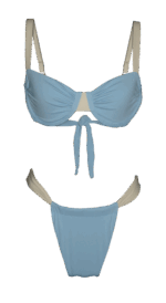 summer fashion style beachwear swimwear baby blue sand bicolor bikini brazilian cheecky bottom top hold string adjustable long legs luxury sustainable production natural vegan beach holidays vacation mykonos ibiza cote d'azur italy dubai