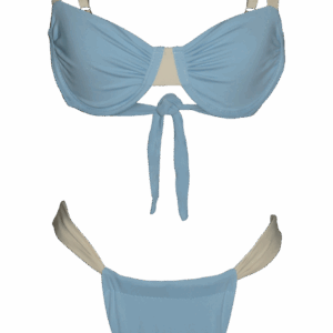 summer fashion style beachwear swimwear baby blue sand bicolor bikini brazilian cheecky bottom top hold string adjustable long legs luxury sustainable production natural vegan beach holidays vacation mykonos ibiza cote d'azur italy dubai