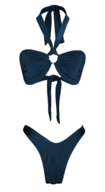 summer fashion style beachwear swimwear blue ocean tamisa shiny shimmery bikini brazilian cheecky bottom top neckholder long legs luxury sustainable production natural vegan beach holidays vacation mykonos ibiza cote d'azur italy dubai